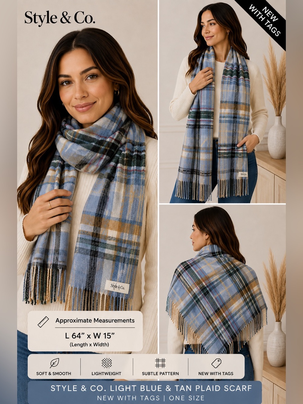 Style & Co.‎ Light Blue and Tan Plaid Scarf NEW One Size